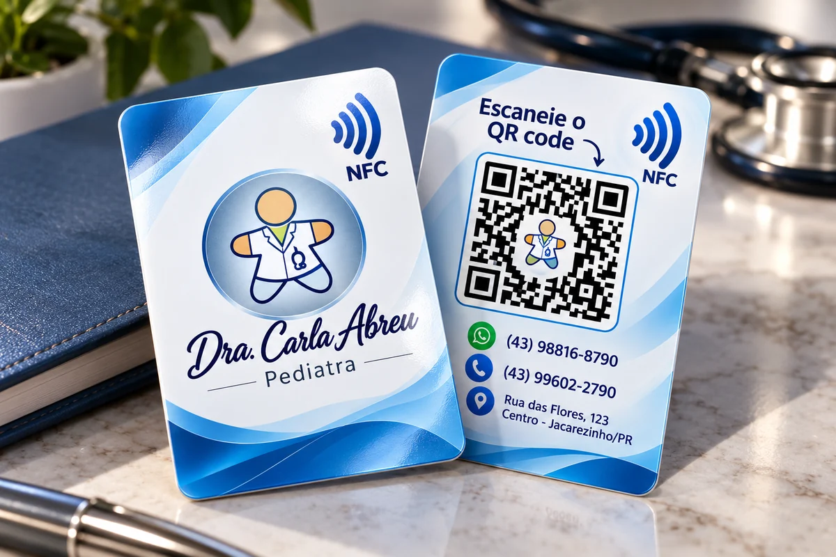 Exemplo de cartão personalizado com identidade visual de clínica, QR Code e símbolo NFC